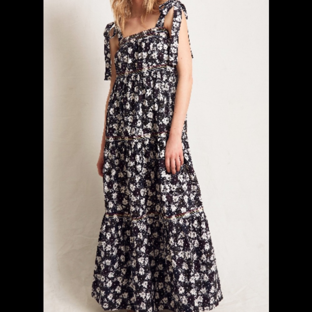 WARM Big Love Maxi Dress Black Multicolor Floral Tiered In Plumeria Print